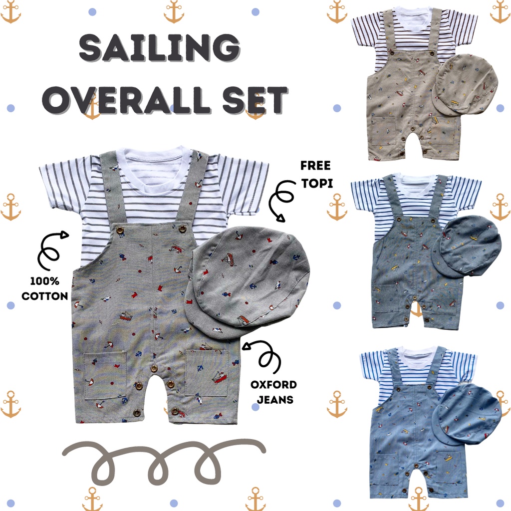 Overall baby balita anak laki laki free topi  jumpsuit romper balita bayi 3-12n ANCHOR SAILING OVERALL