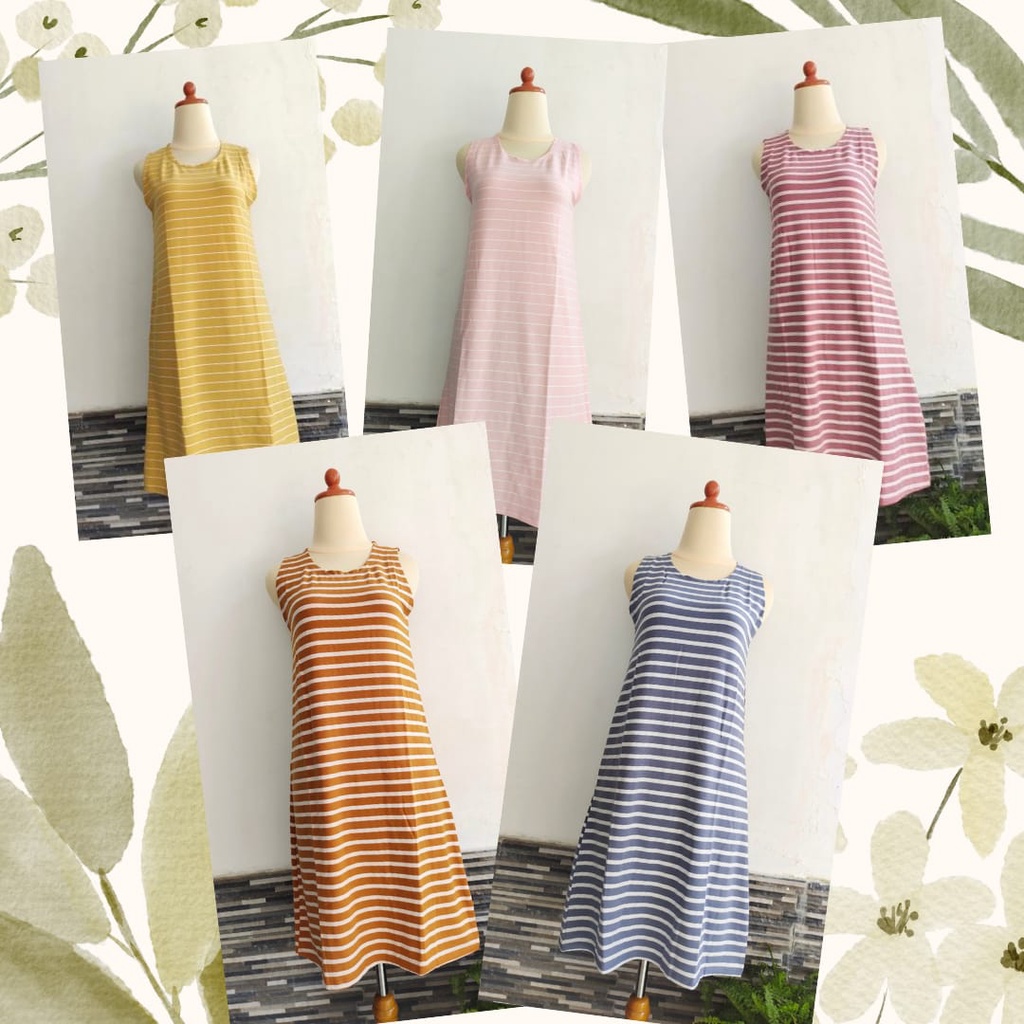 [Lemone] Daster Kaos Pendek Babyterry Motif Salur/Garis Tanpa Lengan/Dress Kaos Pendek