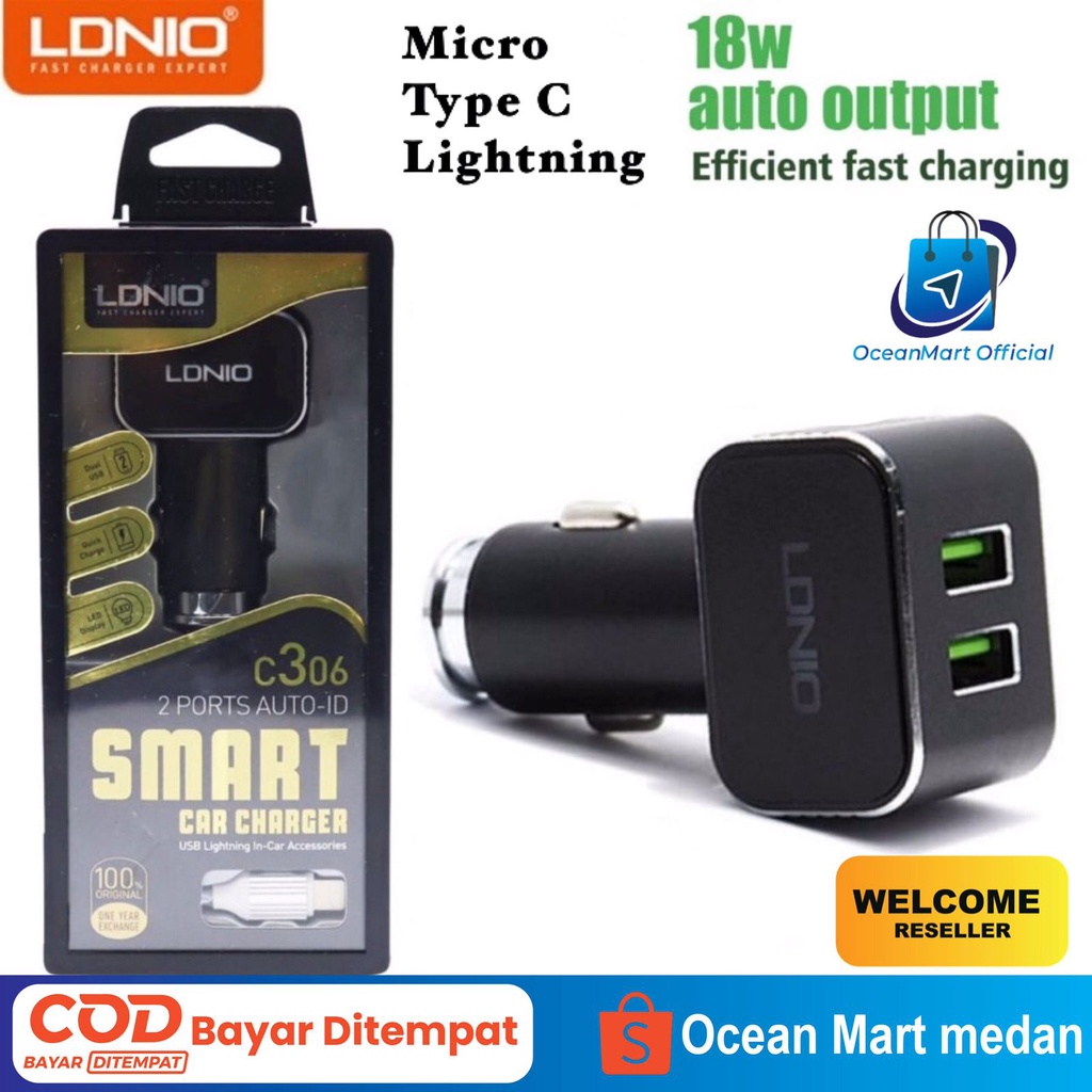 Car Charger Mobil LDNIO C306 Type C Micro Lightning 2 Port USB 18W Fast Charging  3.6A Aksesoris Handphone HP OCEANMART OCEAN MART