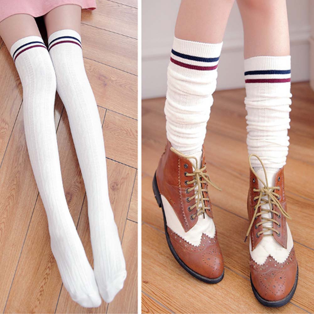 KT-01 overknee socks KAOS KAKI panjang sepaha over knee black hitam 2 strip tebal