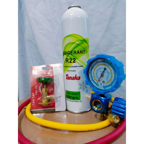 Paket pengisian Freon r22 tanaka(manifold siglass +can tap 339+selang r22 2 pcs+freon r22 1kg)