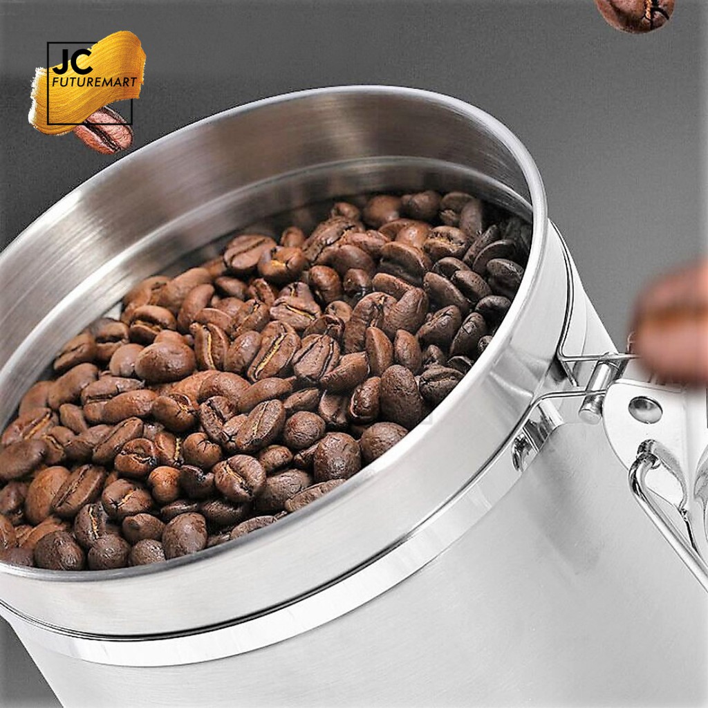 COFFEE STORAGE WITH VALVE + DATE 1200ML - TOPLES KOPI KEDAP UDARA - STAINLESS