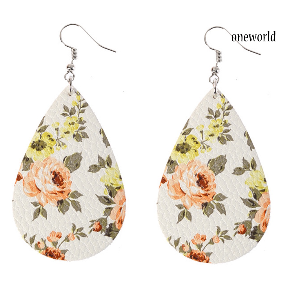 OW@ Boho Women Floral Pattern Teardrop Dangle Faux Leather Hook Earrings Jewelry