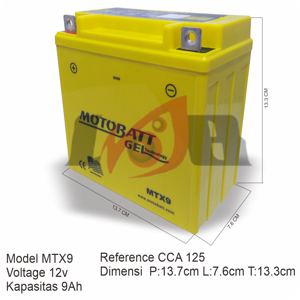 Accu Motobatt Gel MTX9 YB9-B 9Ah Aki Thunder 125 250 Pulsar Apache