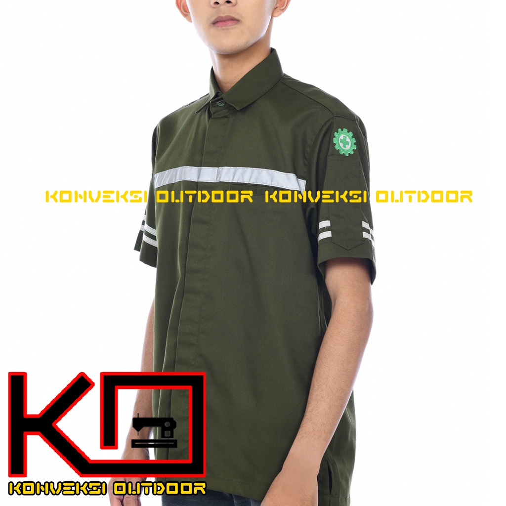 BAJU KEMEJA WEARPACK BAJU SAFETY K3 OUTDOOR INDOOR - Seragam Kemeja Kerja Lapangan Lengan Pendek Proyek Bangunan Tambang Alat Berat PLN Enginer Instalasi Mesin werpek sefti Scotlit Warna Hijau Army Konveksi Outdoor