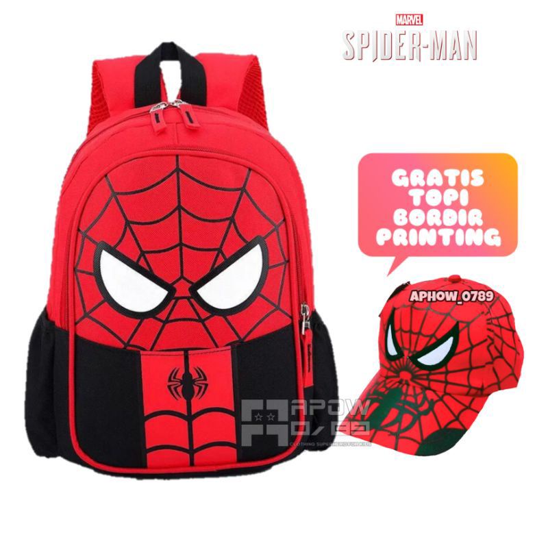 Tas ransel anak laki-laki karakter Spiderman gratis topi bordir - tas anak