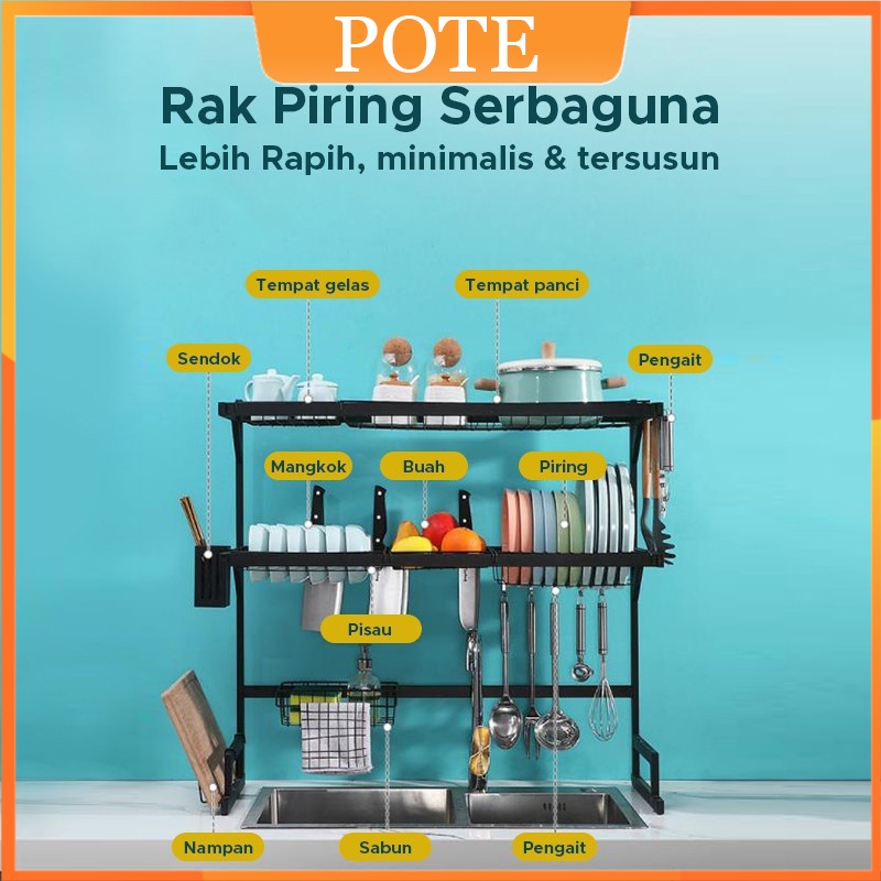 POTE Dapur Rak Piring Anti Karat Hitam Dua lapisan /Rak piring Wastafel / Rak piring kualitas IKEA / Rak piring hitam Dua lapisan