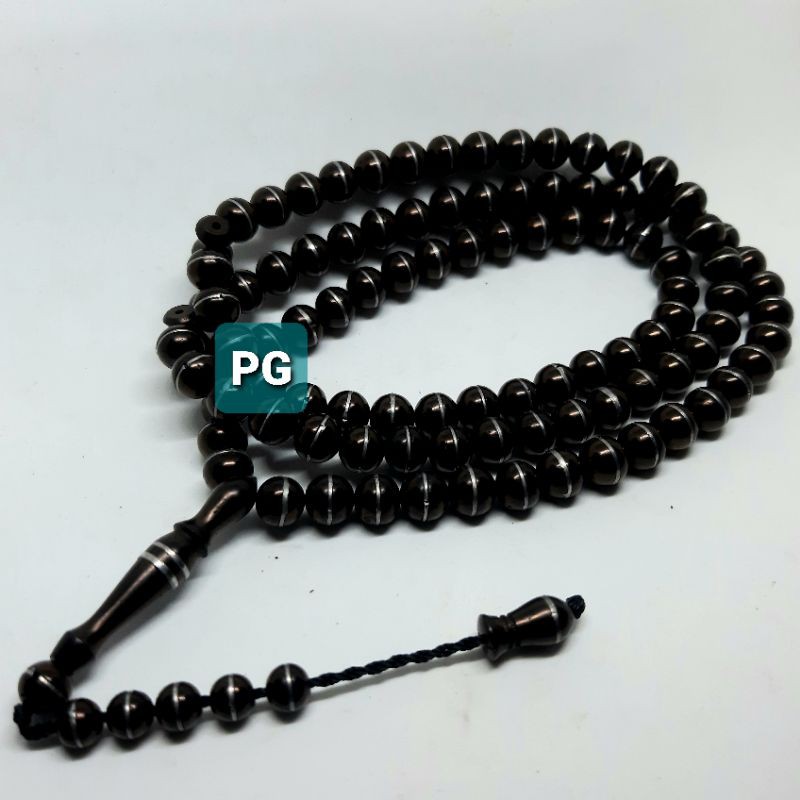 Tasbih Kaoka Hitam Hias Logam Putih Asli 100butir 8mm