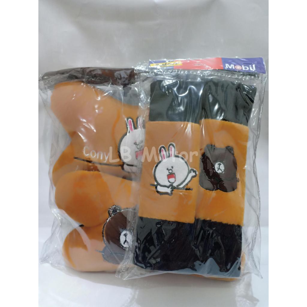 Bantal Mobil Set Headrest Lucu Line Cony Brown