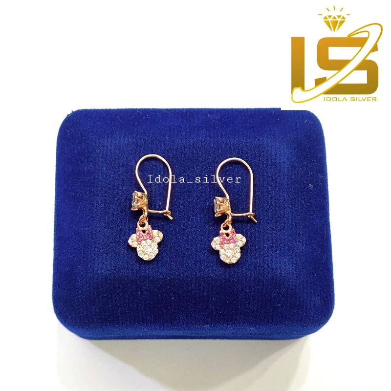 ANTING ANAK PERAK ASLI SILVER 925 LAPIS EMAS MODEL KAIT GANTUNGAN MICKEY MOUSE PERMATA PINK - PERHIASAN PERAK ANAK