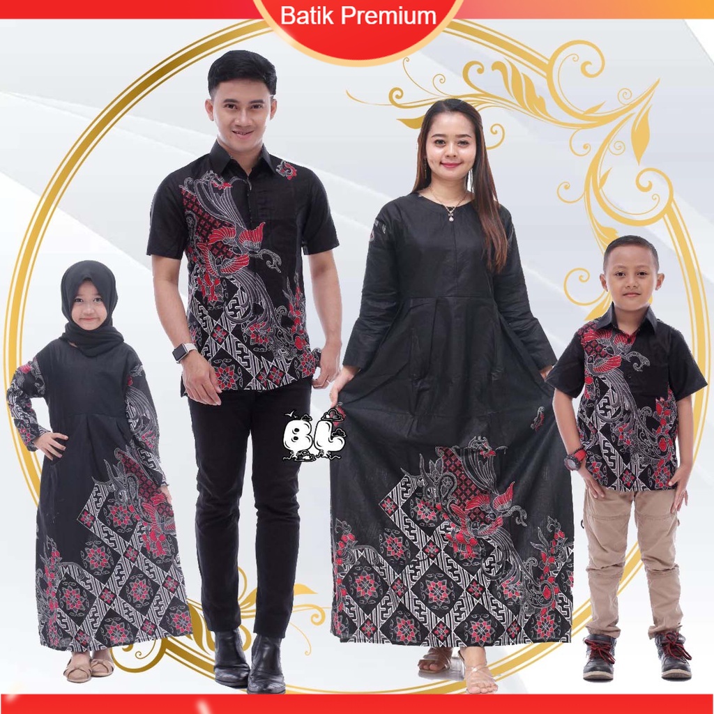 Set Keluarga - Batik Keluarga Hijab - Ibu Bapak Anak - Motif Burung Kenari Hitam - Dress Tunik Blus 