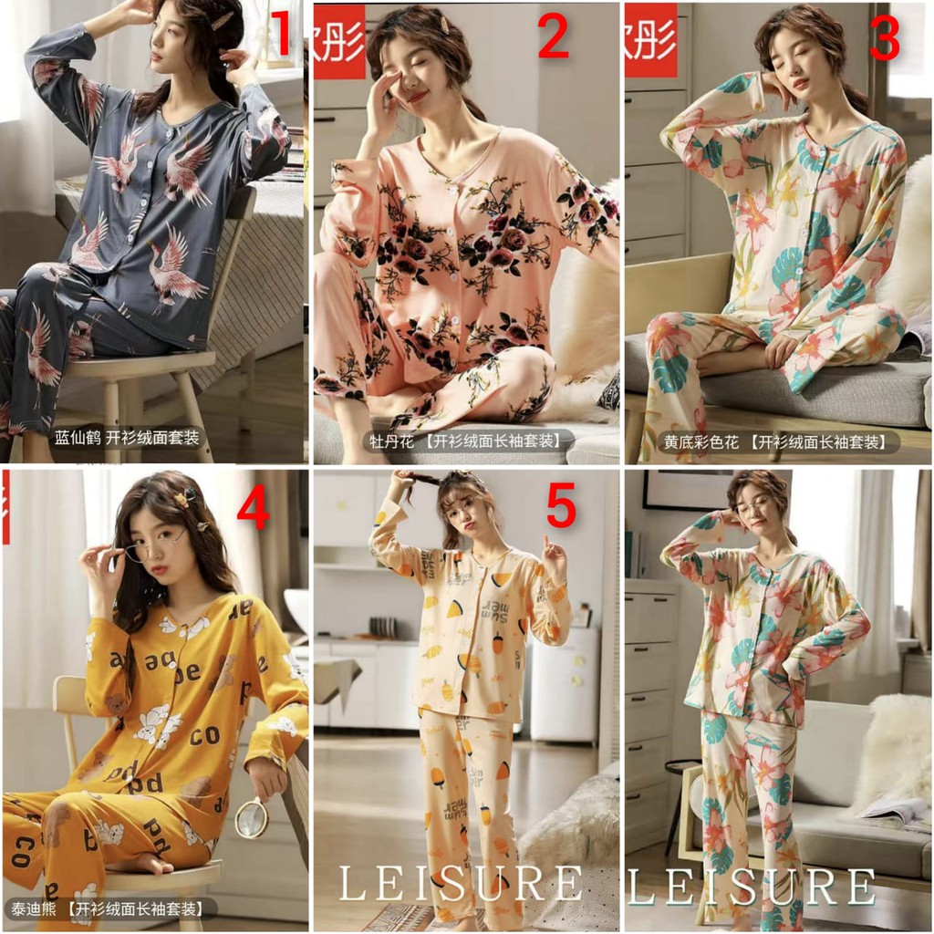 Baju tidur piyama bahan spandek import lengan panjang celana panjang kancing lima PPspandek059