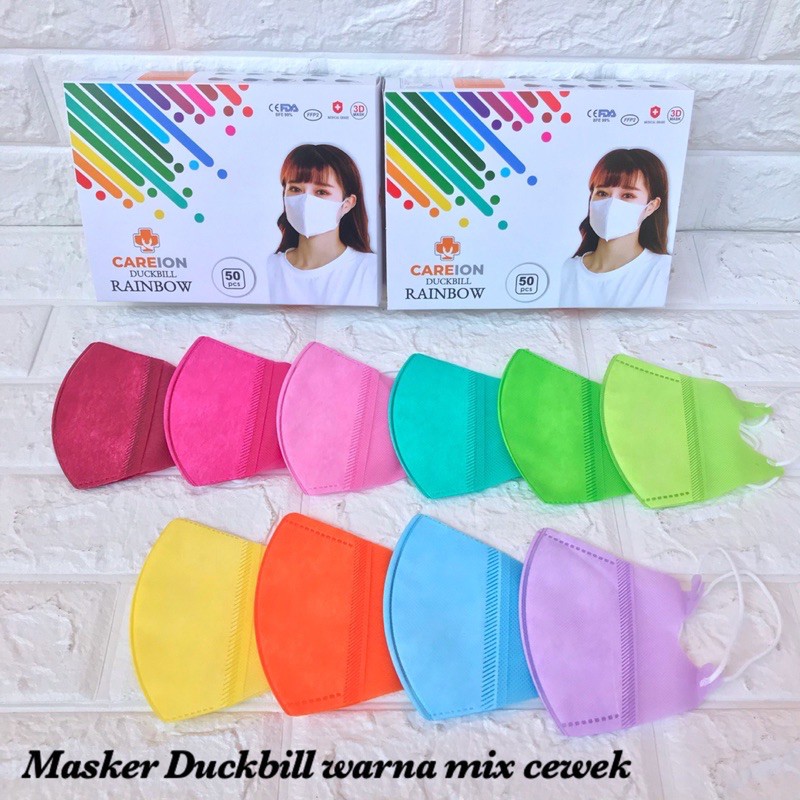 MASKER 3PLY DUCKBILL MIX WARNA CEWEK COWOK 1BOX ISI 50PCS CAREION / MASKER EARLOOP RAINBOW MURAH