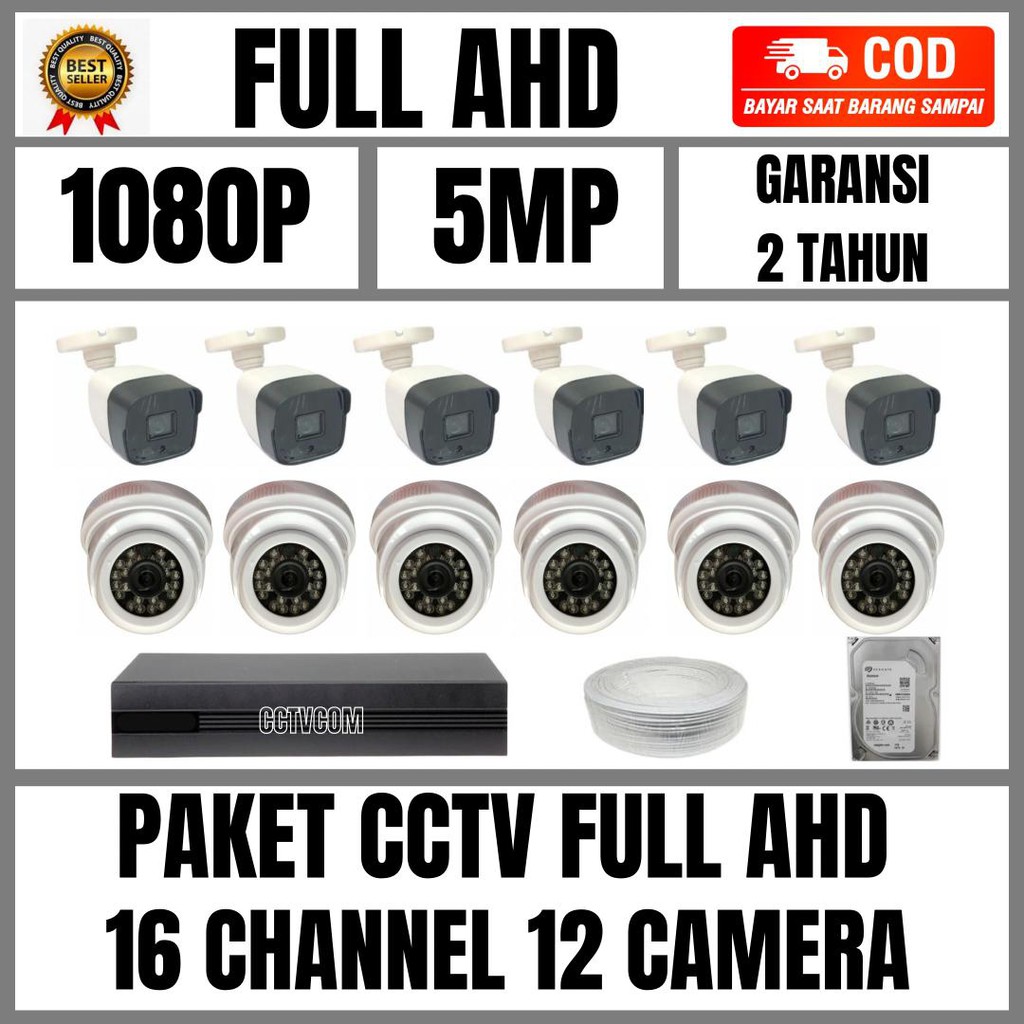 PAKET CCTV FULL AHD 16 CHANNEL 12 KAMERA 5MP IR SONY 1080P KOMPLIT TINGGAL PASANG