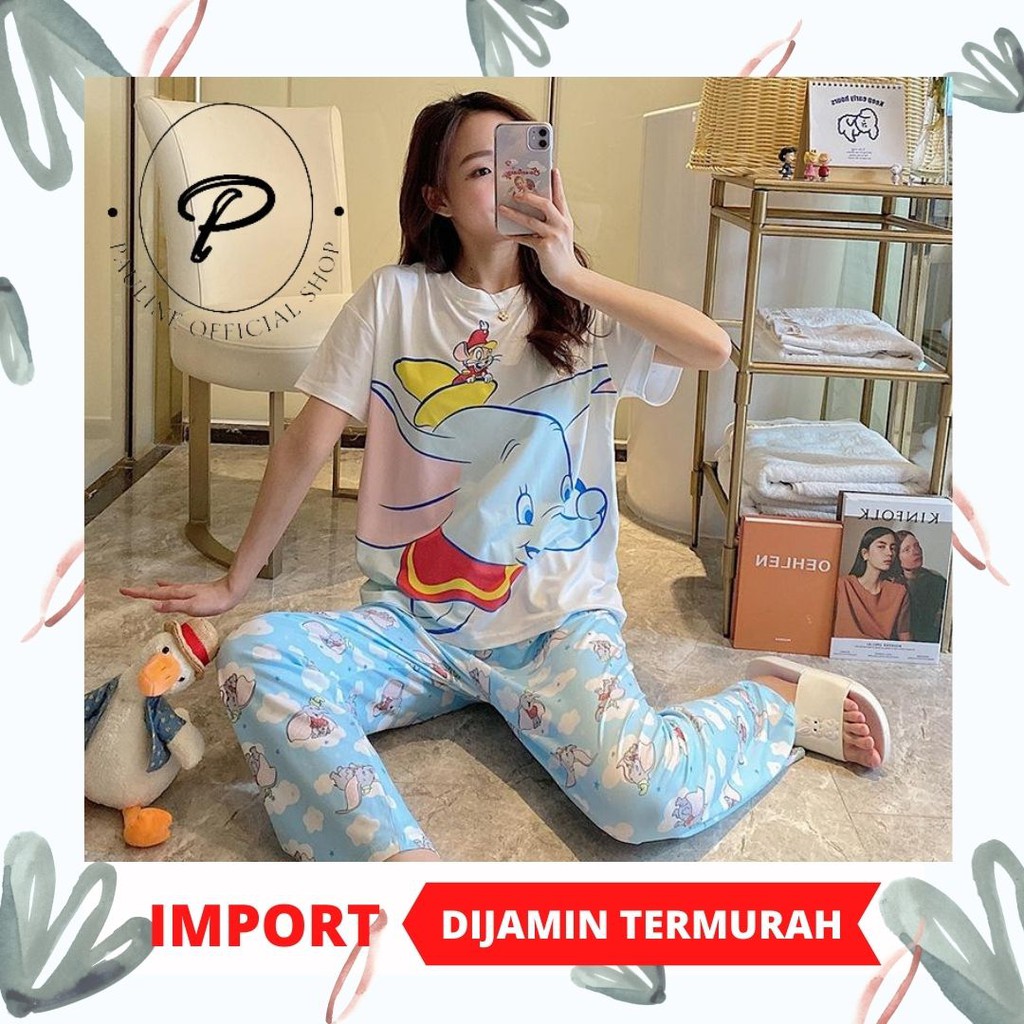 PAULINE || PAKAIAN WANITA BAJU TIDUR IMPORT / PIYAMA LENGAN PENDEK MOTIF KARTUN FIT TO XXL (PL-005)