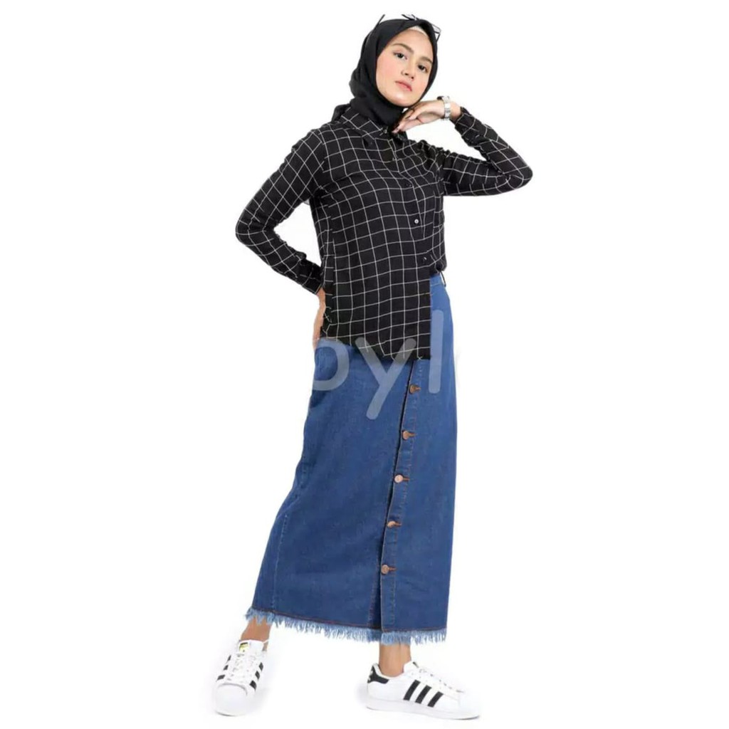 TERLARIS Rok Span Jeans Panjang Maxi Skirt Button Up Sabiyan Rok Full Kancing Depan Rawis Rok Levis