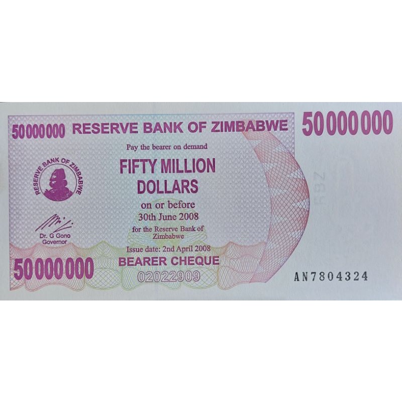 Uang Asing Negara zimbabwe 50.000.000 50 Juta Dollar Tahun 2008 Kondisi UNC-AUNC Gres mulus Original 100%