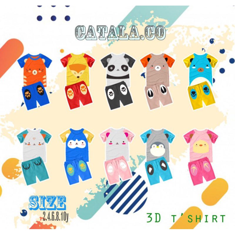 Set Animal 3D by Catala.co || Setelan Pendek Kaos Anak Boy & Girl
