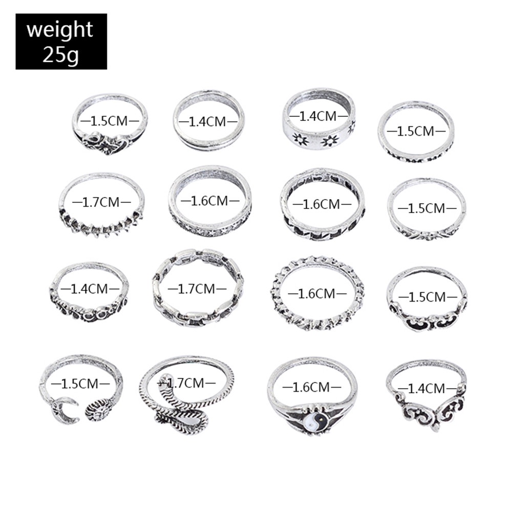 16 Pcs Kreatif Retro Yin Yang Gosip Sun Moon Daun Ular Bunga Bersama Cincin Perak Set