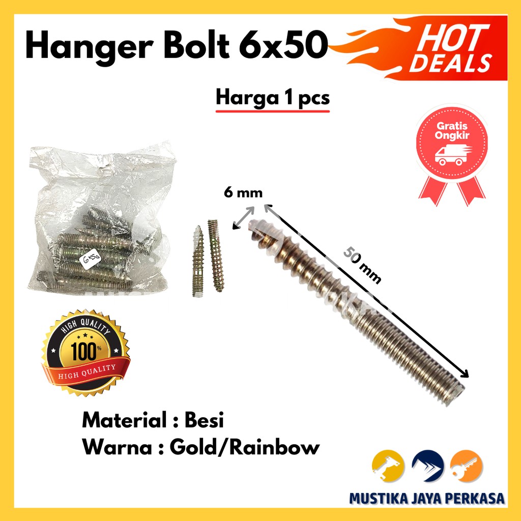 Hanger Bolt Drat Kasar Baut Gantung M6 x 50 Murah Besi Gold