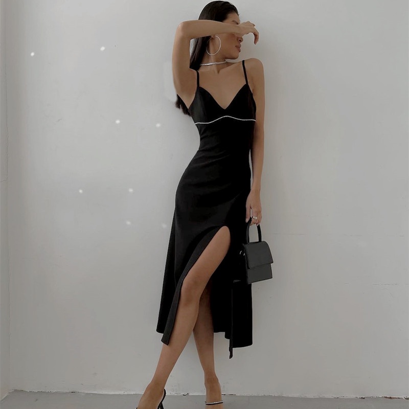 【AMY J】Slip Sexy Bodycon Slit Backless Deep V neck Black Party Dress 2334