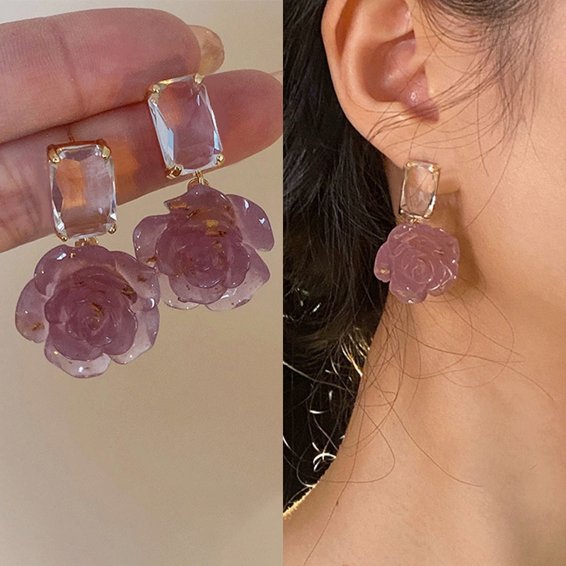 Anting Bentuk Bunga Mawar Bahan Resin Kristal Bening