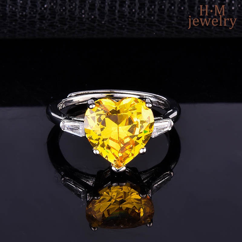 Cincin Model Terbuka Bentuk Hati Aksen Berlian Kuning Bahan S925 Silver