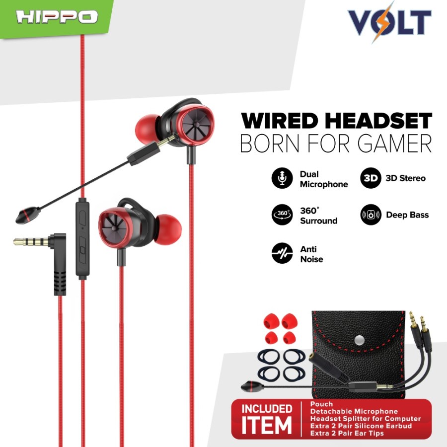 Hippo Gaming Headset Volt with Microphone Stereo Wired Earphone Handsfree Original Ori