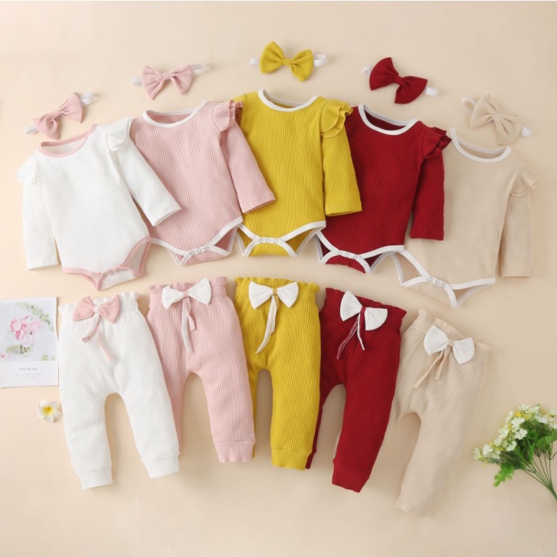 S60 NEW Set  baju jumper dan celana dengan bandana  /pakaian romper bayi  perempuan motif dua warna