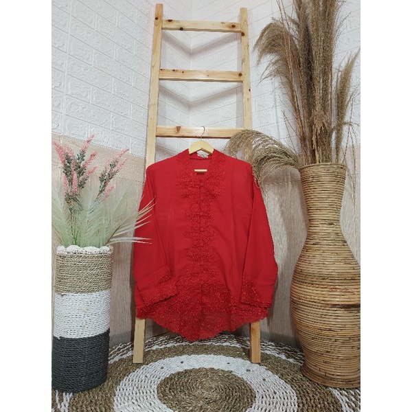 Alantasik - kebaya encim bordir putih tangan panjang LN /KEBAYA SULAM Senada/ R.6 /R.7-merah