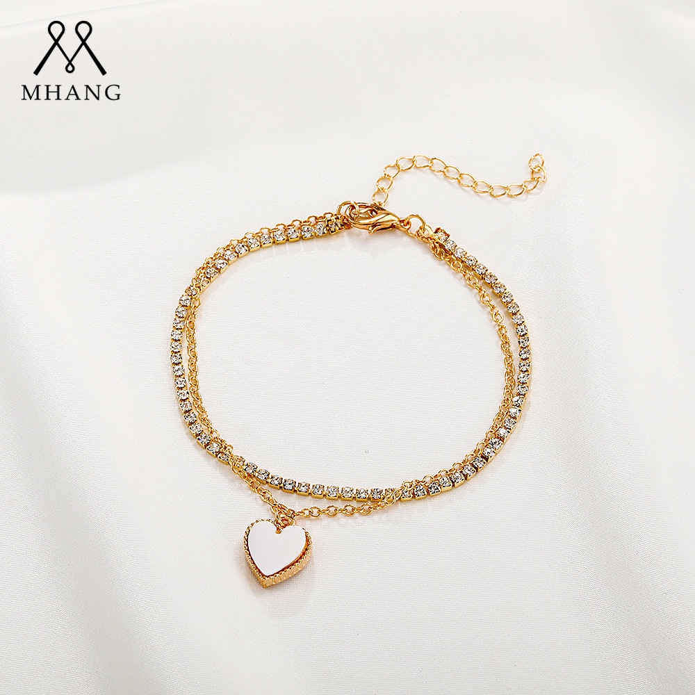 Gelang Logam Liontin Hati Cinta Putih Manis Fashion Perhiasan Wanita Rantai Bertatahkan Berlian Berlapis Ganda