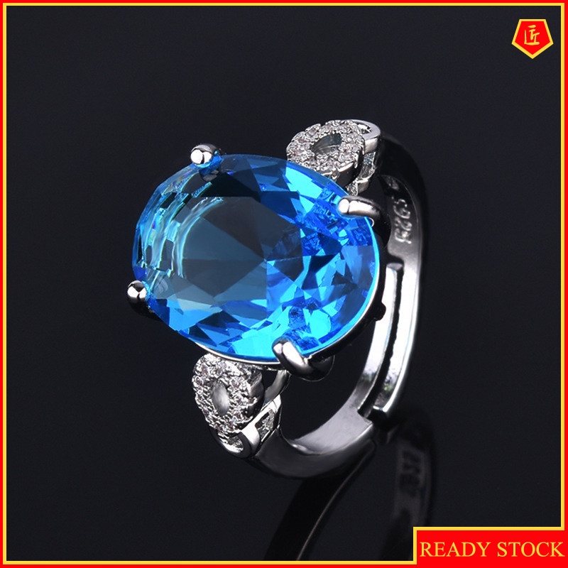 [Ready Stock]Inlaid Blue Topaz Ring Classic Temperament