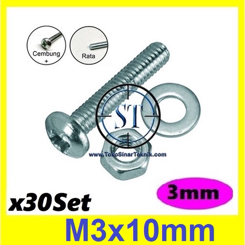 x30 Set Baut Mur Ring M3 x 10mm JP3 M3 3mm Ukuran M3x10 3x10mm 3x10 3x10mm Kepala Cembung