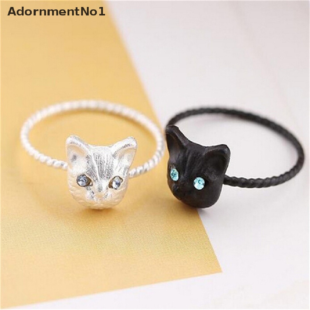 (AdornmentNo1) 1pc Cincin Bentuk Kucing Mini Aksen Berlian Imitasi Warna Hitam / Gold / Silver Untuk Wanita