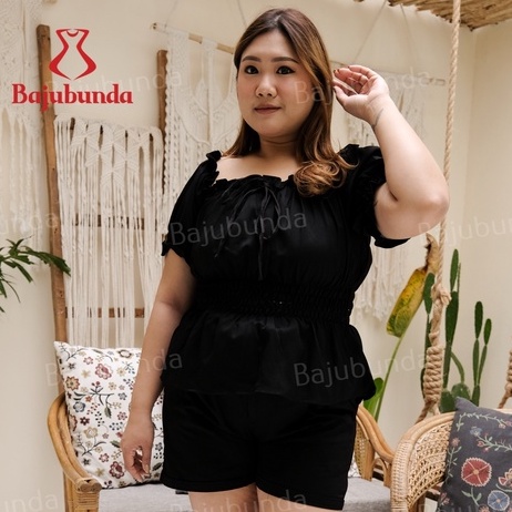 BAJUBUNDA - Atasan Jumbo Wanita Lengan Pendek Polos / Blouse Jumbo / Blus Big Size / Baju Jumbo / MIYA TOP-HITAM