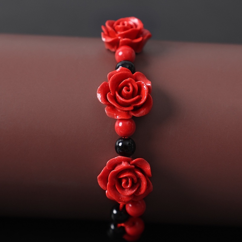 Vintage National Style Rose Carved Handmade Weave Bangle/ Exquisite Red Rope Beaded Craft Bracelet