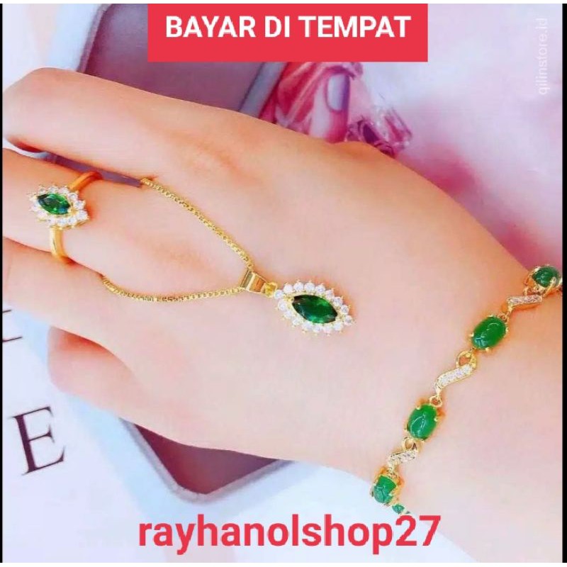 SET PERHIASAN WANITA TITANIUM MOTIF BATU PERMATA MEWAH LAPIS EMAS 24 K