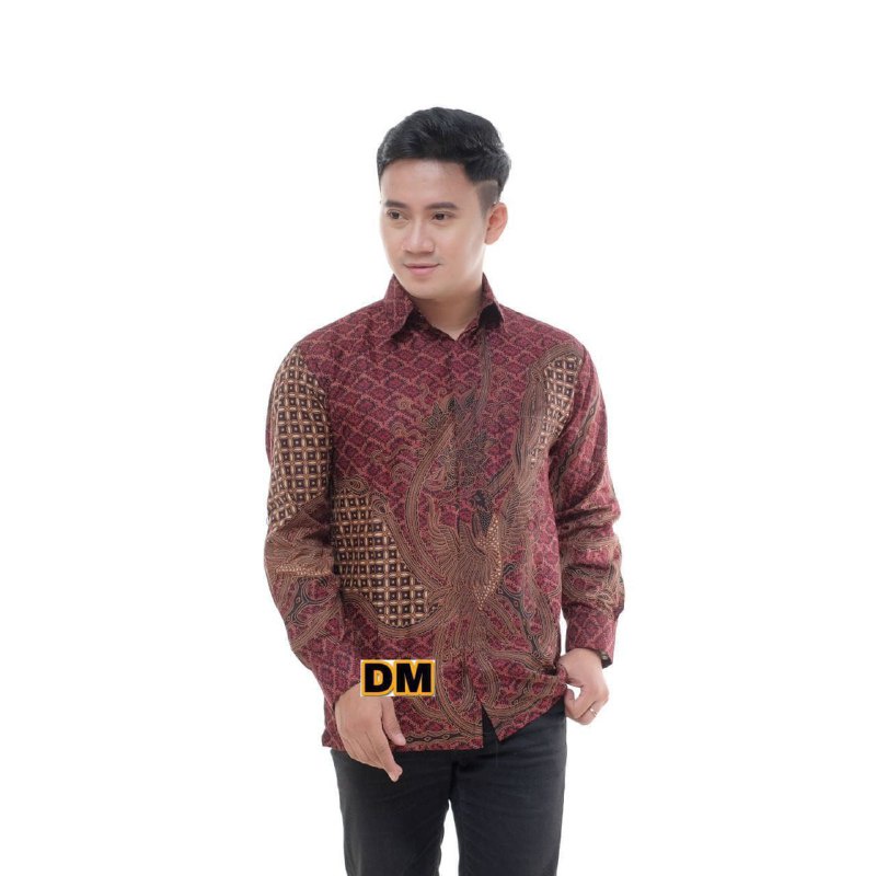 Kemeja Batik Pria Lengan Panjang Motiv Phoenix Merah Seragam Guru Dan Kantor Bahan Katun Adem Di Pakai Serap keringat