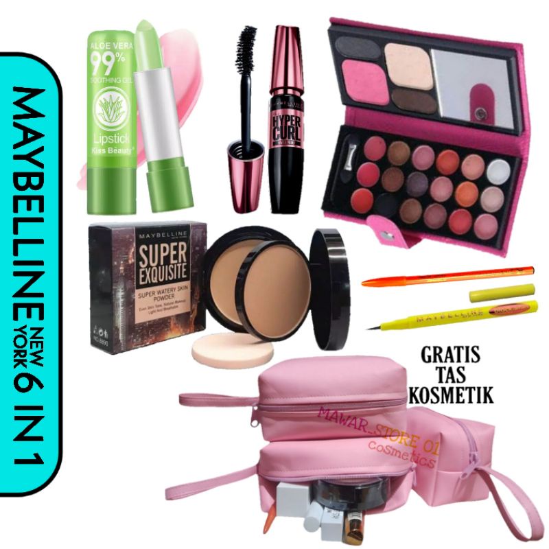 Paket Kosmetik Maybellin 6 In 1 Free Tas Pouch / Make Up Murah Kumplit