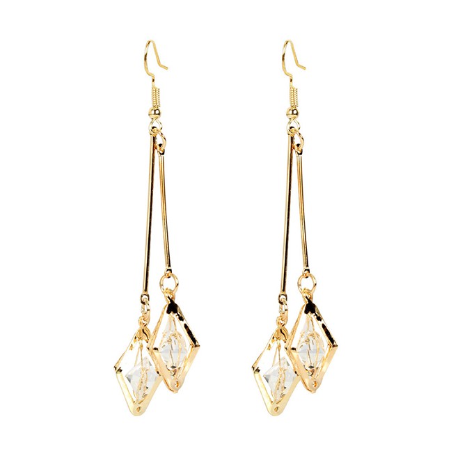 LRC Anting Gantung Fashion Golden Alloy Diamond Long Geometric Earrings K44455
