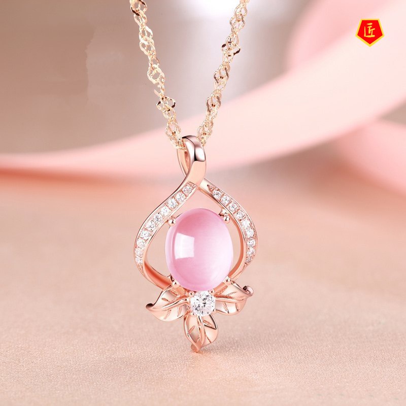 Kalung Rantai Dengan Liontin Kristal Pink Elegan Untuk Wanita