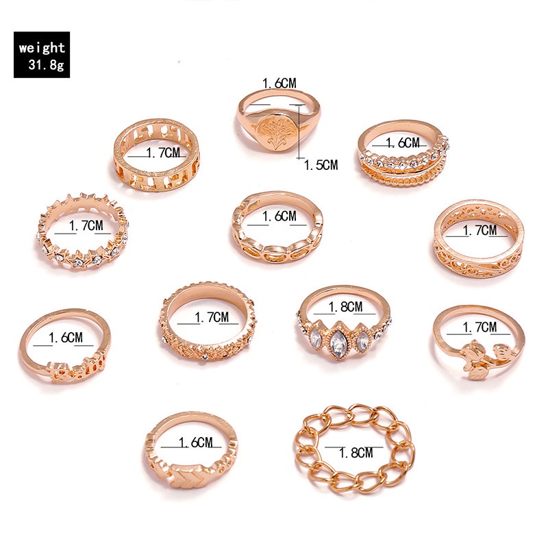 12pcs / Set Cincin Rantai Desain Ukiran Bunga Mawar Tulip Panah Bintang Gaya Bohemian Untuk Wanita