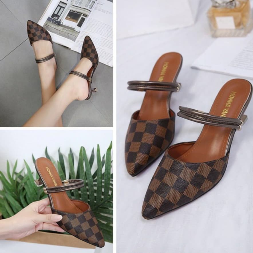 [COD / Bayar Ditempat] HIGH HEELS PANTOPEL Sepatu Wanita Hak Tinggi HEELS LV PALANG 2 COKLAT -