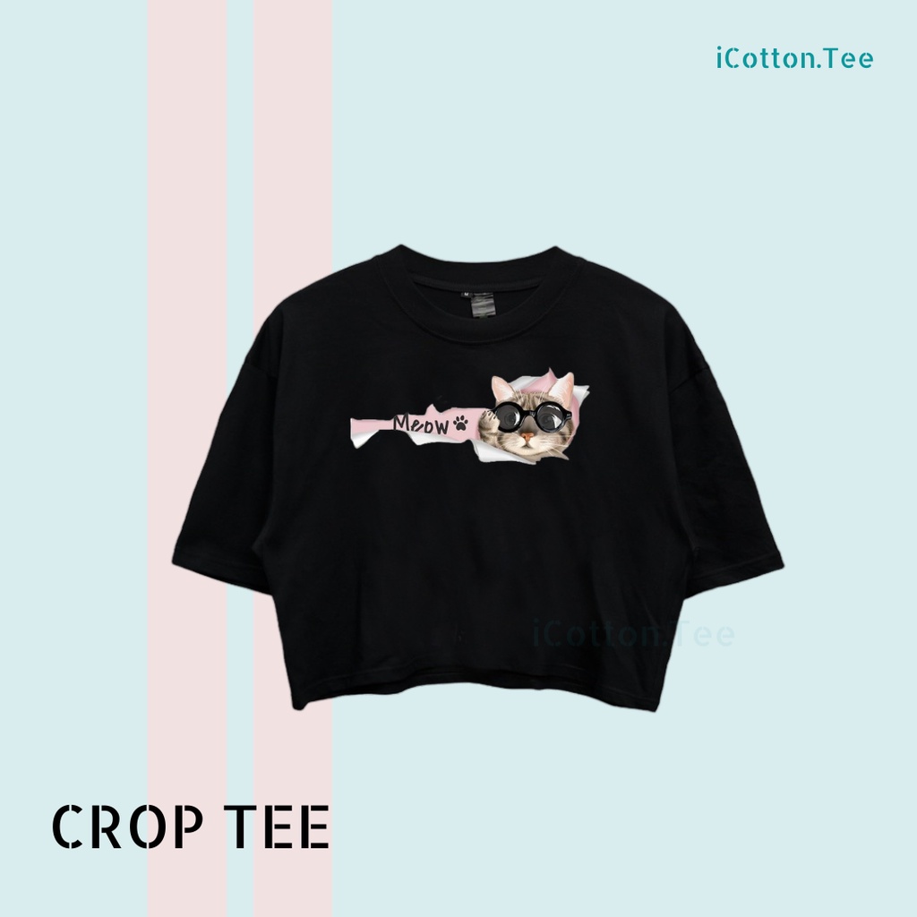 Crop Top Wanita Meow Cat Crop Tee Wanita Gambar Kucing Meow Kaos Crop Wanita Kaos Crop Cewek Premium