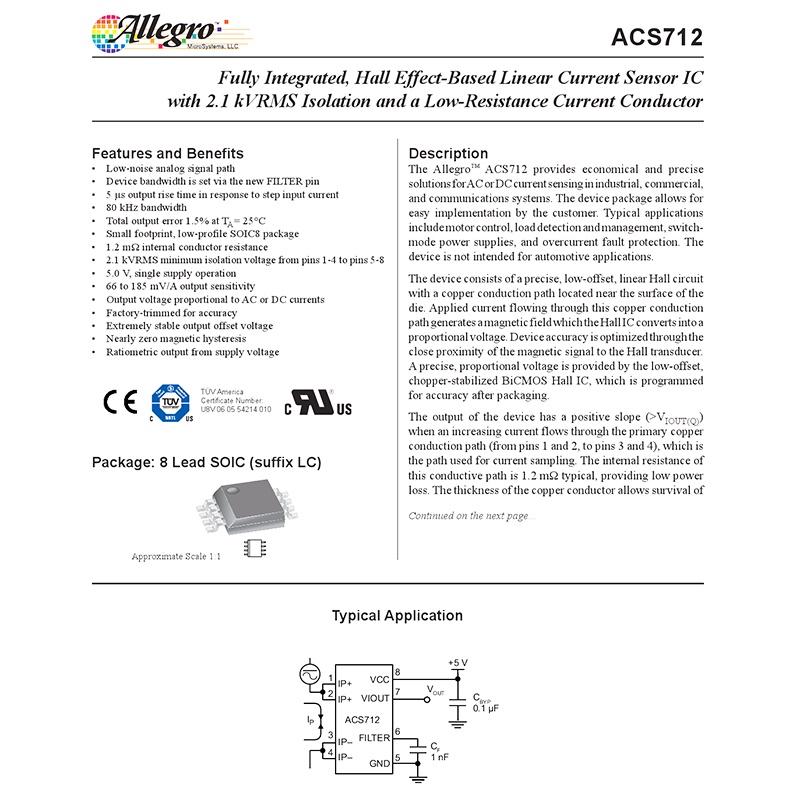 Sop-8 ACS712ELCTR-20A-T Chip IC Sensor Tegangan Arus