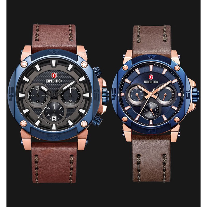 Expedition E 6606 RGBB Couple Chronograph Rose Gold Case Dark Brown Leather Strap