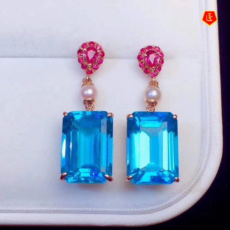 [Ready Stock]Fashion Inlaid Natural Topaz Blue Square Diamond Stud Earrings