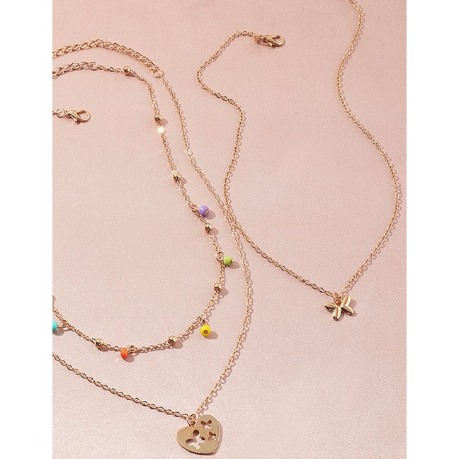 LRC Kalung Fashion Gold Color Love Butterfly Rice Bead Alloy Multilayer Necklace K98631