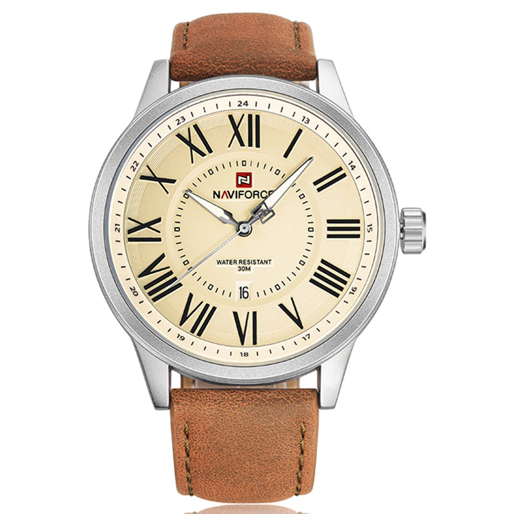 Naviforce NF9126 Jam Tangan Pria - Silver - Brown Leather Strap