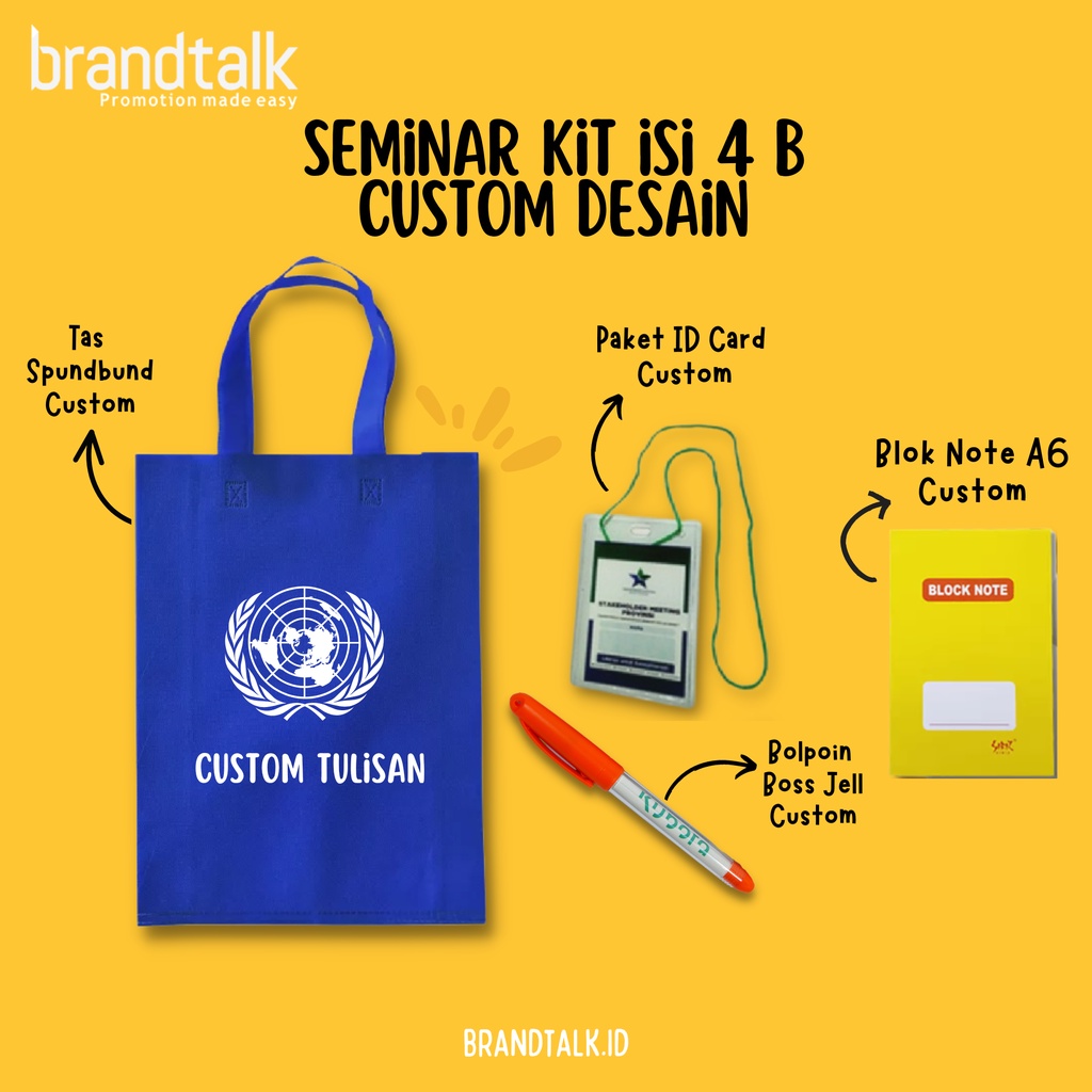 

Paket Seminar Kit isi 4 - Tas Spoundbond, Notebook A6, Pulpen, ID Card